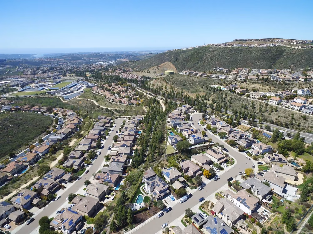 Aerial view of streets and hills in San Elijo Hills