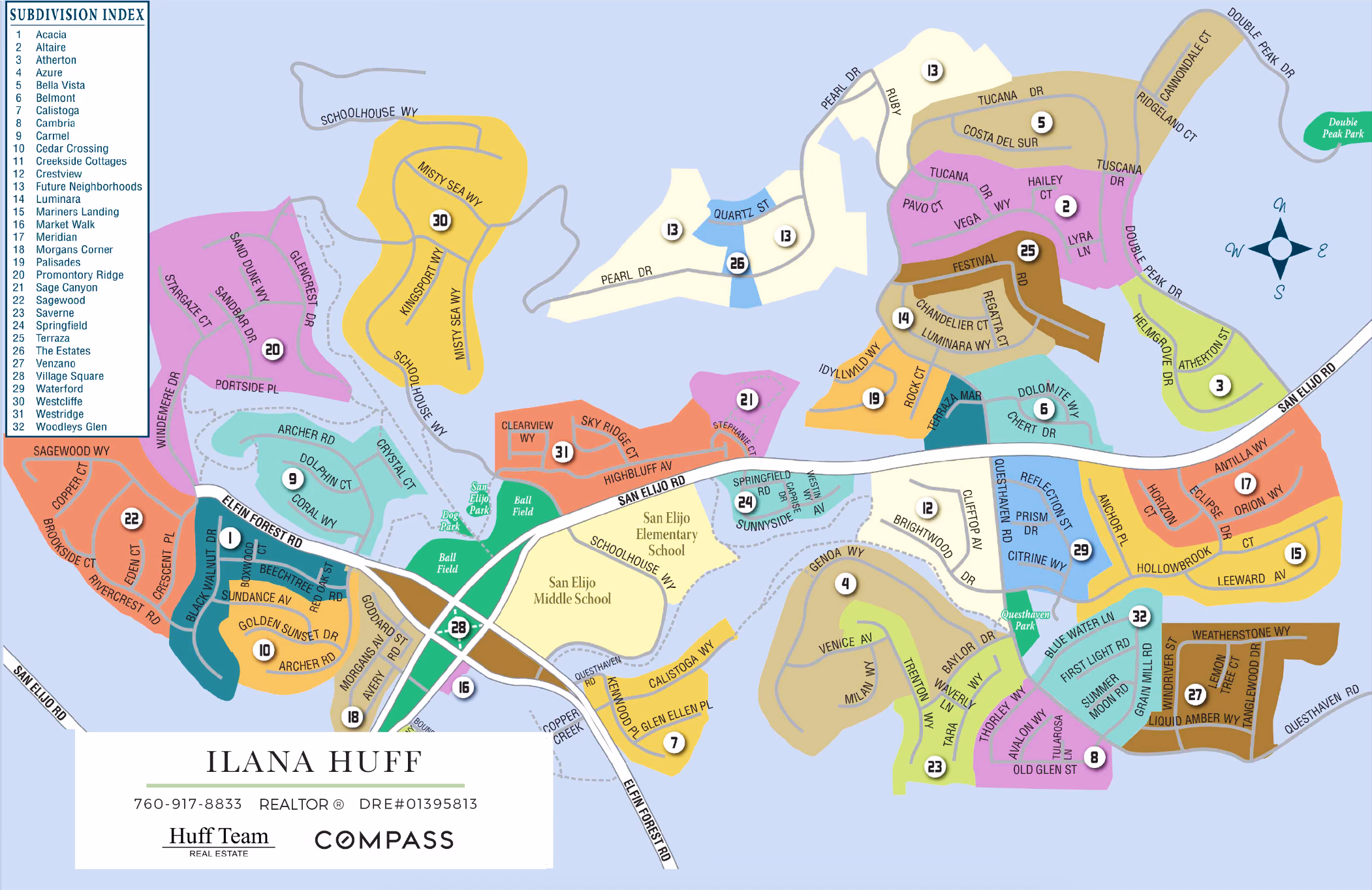 San Elijo Hills community map showing 32 subdivisions, schools, parks, town center, and major roads